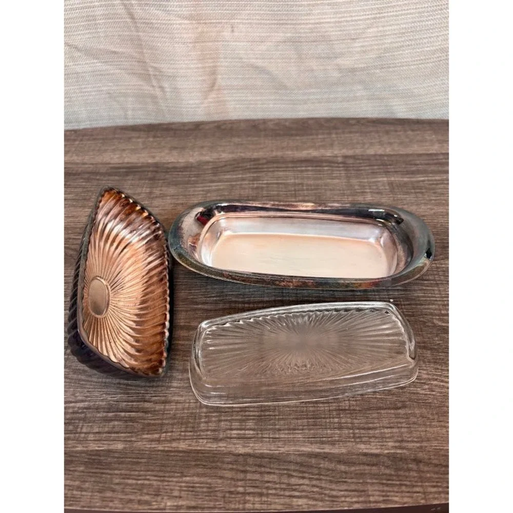 Kent Silversmiths Vintage Silverplate Butter‎ Dish with Glass Liner 3 Piece Set